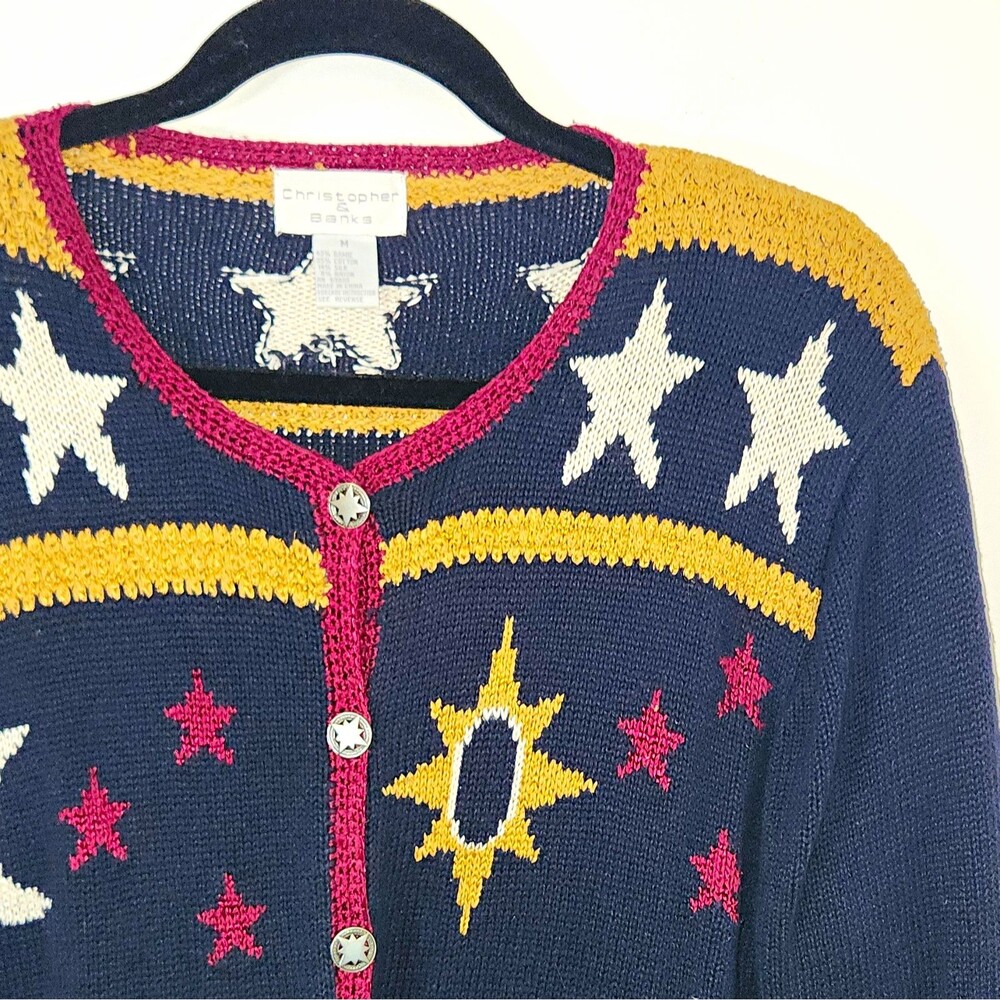 Vtg Navy Moon Celestial Silk Blend Knit Star Button Front Cardigan M *spot